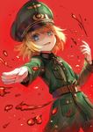  bangs belt belt_buckle blonde_hair blood blue_eyes buckle buttons cowboy_shot dutch_angle evil_smile gloves green_jacket hat iron_cross jacket long_sleeves looking_at_viewer military military_jacket military_uniform open_mouth outstretched_arm peaked_cap pocket qian_wu_atai red_background shaded_face short_hair smile solo tanya_degurechaff uniform white_gloves wing_collar youjo_senki 