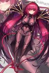  anklet ass_visible_through_thighs bangs between_breasts blush bodysuit bodysuit_pull breasts cameltoe character_name covered_navel dk.senie eyebrows_visible_through_hair fate/grand_order fate_(series) feet fingernails full_body highres impossible_bodysuit impossible_clothes jewelry labia large_breasts long_hair looking_at_viewer pauldrons purple_bodysuit purple_eyes purple_hair red_hair scathach_(fate)_(all) scathach_(fate/grand_order) showgirl_skirt skin_tight solo toenails toes turtleneck veil very_long_hair 