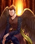  beard brown_hair facial_hair feathered_wings fire_emblem fire_emblem:_souen_no_kiseki hanasaki_komugi male_focus pointy_ears red_eyes sandals solo tree ulki wings 