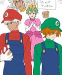  4boys archer archer_(fate/extra) black_eyes blue_eyes cosplay crown dark_skin dress elbow_gloves eyes_closed fate/apocrypha fate/extra fate/grand_order fate/stay_night fate_(series) gloves green_eyes green_hair grey_hair hair_over_one_eye hat long_hair luigi luigi_(cosplay) mario mario_(cosplay) mario_(series) multiple_boys mushroom open_mouth orange_hair overalls princess_peach princess_peach_(cosplay) ring short_hair solomon_(fate/grand_order) super_mario_bros. 