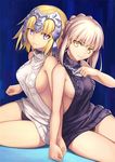  aran_sweater artoria_pendragon_(all) backless_dress backless_outfit bare_shoulders blonde_hair breasts chain dress fate/apocrypha fate/stay_night fate_(series) grey_sweater headpiece highres holding_hands jeanne_d'arc_(fate) jeanne_d'arc_(fate)_(all) leash long_hair medium_breasts meme_attire multiple_girls naked_sweater saber_alter sideboob sweater tsuki_suigetsu turtleneck turtleneck_sweater virgin_killer_sweater yellow_eyes 