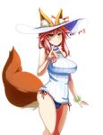  :3 animal_ears blush breasts ears_through_headwear fate/grand_order fate_(series) fox_ears fox_shadow_puppet fox_tail hat hat_ribbon large_breasts looking_at_viewer pink_hair ribbon simple_background solo sun_hat sweater tail tamamo_(fate)_(all) tamamo_no_mae_(fate) tamamo_no_mae_(swimsuit_lancer)_(fate) white_background white_hat yellow_eyes yoroi_kabuto 