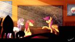  apple_bloom_(mlp) cutie_mark_crusaders_(mlp) daylight detailed_background earth_pony equine eyelashes feathered_wings feathers friendship_is_magic green_eyes group hair hooves horn horse inside mammal my_little_pony orange_feathers pegasus pony purple_eyes purple_hair red_hair rublegun scootaloo_(mlp) smile standing sweetie_belle_(mlp) unicorn wings 