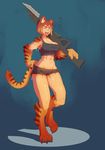  abs animal_humanoid barefoot big_breasts biggcuties breasts brown_hair cat_humanoid claws cleavage clothed clothing feline female gun hair humanoid mammal midriff orange_eyes orange_hair ranged_weapon solo sweat tiger tiger_humanoid toe_claws tongue tongue_out weapon 