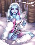  2014 abbey_bominable bedroom_eyes breasts clothed clothing duchess_xx female hair half-closed_eyes jewelry long_hair looking_at_viewer monster_high naughty_face necklace partially_clothed pussy seductive snow solo tree undressing 