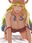  all_fours bare_shoulders baseball_cap bed_sheet black_eyes blonde_hair blue_hair blush breasts cleavage collarbone commentary covered_nipples dragon_girl dragon_horns eyebrows_visible_through_hair gradient_hair green_eyes hanging_breasts hat heterochromia highres horns huge_breasts kobayashi-san_chi_no_maidragon large_breasts long_hair looking_at_viewer multicolored_hair open_mouth quetzalcoatl_(maidragon) shiny shiny_hair shiny_skin shorts simple_background slit_pupils smile solo strap_slip tank_top teeth tongue white_background yanagi_(aku-se) yellow_pupils 