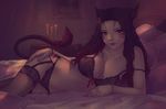  animal_ears bed bra cat_ears cat_tail earrings facial_mark final_fantasy final_fantasy_xiv garter_straps jewelry lingerie long_hair looking_at_viewer lying miqo'te on_side panties red_eyes red_hair slit_pupils solo soranamae strap_slip tail thighhighs underwear 