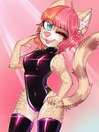  anthro clothed clothing feline female fur hair honesty_(artist) legwear looking_at_viewer mammal nipple_bulge open_mouth rubber smile solo thigh_highs 
