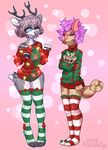  anthro antlers cervine chameleon christmas_lights clothed clothing deer duo female hair honesty_(artist) horn lizard mammal reptile scalie smile standing 