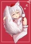  1girl absurdres animal_ears bare_shoulders blush border commentary detached_sleeves english_commentary eyes_closed hat highres holding_own_tail hug inubashiri_momiji open_mouth pink_border pom_pom_(clothes) red_background ribbon-trimmed_sleeves ribbon_trim shirt short_hair silver_hair simple_background sleeping sleeveless sleeveless_shirt snoring solo tail the_only_shoe tokin_hat touhou turtleneck upper_body white_shirt wide_sleeves wolf_ears wolf_girl wolf_tail zzz 