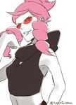  &gt;:) armpits bare_arms bare_shoulders black_pants black_shirt crop_top elite_four evil_grin evil_smile glasses grin hair_lift half_updo hand_on_hip lifting lips long_hair looking_away looking_up navel pachira_(pokemon) pants pink_hair pokemon pokemon_(game) pokemon_xy red-tinted_eyewear shirt simple_background smile solo spot_color suzuki_zentarou tank_top team_flare twitter_username upper_body v-shaped_eyebrows white_background 