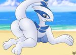  2017 all_fours anthro anthrofied avian beach big_breasts big_butt black_eyes blue_body breasts butt cloud day featureless_crotch female legendary_pok&eacute;mon looking_at_viewer lugia nintendo nude outside pok&eacute;mon pok&eacute;morph raised_tail sand sea seaside sky solo video_games water white_body zinzoa 