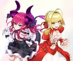  :d ahoge blonde_hair blue_eyes breasts center_opening cleavage detached_sleeves dragon_girl dragon_tail dress elizabeth_bathory_(fate) elizabeth_bathory_(fate)_(all) epaulettes fate/extra fate/extra_ccc fate_(series) green_eyes hair_intakes hair_ribbon hand_on_hip hand_on_own_chest highres horns infinote long_hair long_sleeves medium_breasts multiple_girls nero_claudius_(fate) nero_claudius_(fate)_(all) open_mouth pink_hair pointy_ears red_dress ribbon see-through short_hair small_breasts smile tail wrist_cuffs 