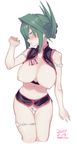  2017 absurdres amanekuu arm_strap blue_eyes blush breasts china_dress chinese_clothes collarbone colored_pubic_hair dated dress green_hair hair_ornament highres large_breasts looking_at_viewer midriff navel nipples open_mouth pubic_hair shaman_king short_hair signature simple_background solo tao_jun thigh_gap unbuttoned white_background 