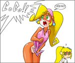  ! 2017 ? anthro bandicoot blonde_hair blush bottomless breasts brown_fur clitoris clothed clothing coco_bandicoot confusion covering_body crash_bandicoot_(series) digital_media_(artwork) dixie_kong donkey_kong_(series) duo ear_piercing embarrassed english_text female flower fur green_eyes hair mammal marsupial minus8 nintendo nipples open_mouth piercing plant ponytail pussy screaming simple_background text video_games white_background 