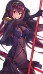  armor bodysuit breasts closed_mouth covered_navel cowboy_shot fate/grand_order fate_(series) gae_bolg holding holding_weapon long_hair looking_at_viewer medium_breasts pauldrons polearm purple_bodysuit purple_hair red_eyes riffey scathach_(fate)_(all) scathach_(fate/grand_order) shoulder_armor solo spear veil very_long_hair weapon 