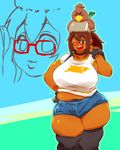  10s 1girl breasts brown_eyes brown_hair farfetch&#039;d fat female female_protagonist_(pokemon_go) glasses huge_breasts looking_at_viewer pokemon pokemon_go ponytail smile squarewave 