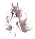  2016 animal_humanoid armpits breasts canine censored creative_censorship electricity female fox fox_humanoid hair humanoid inner_ear_fluff mammal monochrome multi_tail navel nude open_mouth short_hair simple_background sketch slim slit_pupils small_breasts solo standing sub-res white_background 
