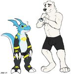  2017 ? alternate_species anthro balls bear boxer_briefs bulge clothed clothing confusion digimon digivice dripping duo erection flat_colors glans guilmon holding_object hybrid looking_up male male/male mammal mike_(artist) penis precum raidramon raidy retracted_foreskin scalie signature size_difference tight_clothing topless uncut underwear 