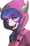 :d bangs breasts crazy crazy_smile eyelashes fake_horns hair_between_eyes hood hood_up hooded_vest horns kagari_(pokemon) open_clothes open_mouth open_vest parted_bangs pink_vest pokemon pokemon_(game) pokemon_oras purple_eyes purple_hair red_sweater ribbed_sweater ringed_eyes sharp_teeth short_hair simple_background small_breasts smile solo suzuki_zentarou sweater team_magma teeth tongue tsurime turtleneck turtleneck_sweater uneven_eyes upper_body v-shaped_eyebrows vest white_background 