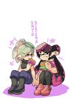  2girls aori_(splatoon) black_footwear black_hair black_legwear black_shirt boots brown_eyes brown_pants casual closed_eyes cousins earrings eating english food food_on_face food_on_head gloves grey_hair holding_hands hotaru_(splatoon) jewelry loafers looking_at_another md5_mismatch miniskirt mole mole_under_eye multiple_girls object_on_head off_shoulder pants pantyhose pink_footwear pleated_skirt pointy_ears purple_shirt shirt shoes short_sleeves sitting skirt sleeveless sleeveless_shirt smile splatoon_(series) splatoon_1 tentacle_hair turtleneck valentine white_gloves wong_ying_chee 