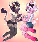 ambiguous_gender anthro boots bovine cattle cervine clothed clothing deer duo female footwear hair hand_holding honesty_(artist) horn mammal simple_background smile 