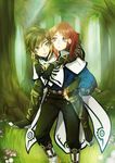  1boy 1girl blue_eyes boots brown_hair carrying gloves green_eyes hair_tubes jowell_she open_mouth pants parted_lips red_hair rose_(tales) shiny shiny_hair short_hair smile sorey_(tales) tales_of_(series) tales_of_zestiria 