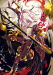  armor fate/apocrypha fate/grand_order fate_(series) fur_collar green_eyes highres jewelry karna_(fate) looking_at_viewer male_focus nexie open_mouth pale_skin polearm red_eyes solo spear weapon white_hair 