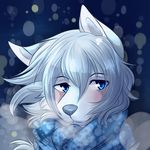  anthro blue_background blue_eyes bust_portrait canine cheek_tuft clothed clothing eyebrows fox front_view fully_clothed fur grey_nose hair half-closed_eyes idolish7 long_hair looking_at_viewer male mammal portrait scarf simple_background smile snout solo tamaki_yotsuba thatwildmary tuft white_fur white_hair 