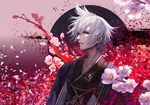  cherry_blossoms flower grey_eyes japanese_clothes jname looking_at_viewer male_focus original parted_lips petals solo upper_body white_hair wind 