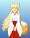  1girl animal_ears blonde_hair blush eyes_closed fox_ears fox_tail long_hair miko pisipisi smile solo tail 