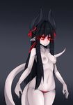  2016 areola black_hair breasts clothed clothing demon female glowing glowing_eyes hair horn horn_ornament humanoid long_hair long_tail nipples not_furry pale_skin pointy_ears red_eyes simple_background skinny slit_pupils solo standing sub-res thick_thighs thong topless underwear 