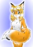  1girl animal_ears blonde_hair blush fox_ears fox_tail furry green_eyes looking_at_viewer nude pisipisi short_hair solo tail whiskers 