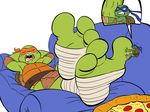  anthro comic feet food foot_fetish green_skin leonardo_(tmnt) male michelangelo_(tmnt) paws pizza reptile scalie simple_background size_difference sleeping sofa teenage_mutant_ninja_turtles toes turtle white_background 