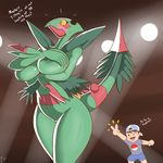  big_breasts blush breasts embarrassed english_text female hat human lights male mammal mega_evolution mega_sceptile nintendo pok&eacute;mon sceptile shy simple_background tagme text video_games zp92 