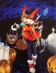 android armor basket bat_wings bent_over blonde_hair bracer candle candy cross food full_body genderswap genderswap_(mtf) gloves graveyard halloween hand_on_hip hand_up helmet holding holding_basket holding_food jack-o'-lantern lollipop long_hair open_mouth pinky_out pumpkin rockman rockman_x rockman_zero routo_(rot_0) solo tail teeth tombstone very_long_hair wings zero_(rockman) 