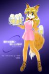  1girl alcohol animal_ears blonde_hair collar earrings feet fox_ears fox_tail full_body furry green_eyes jewelry long_hair looking_at_viewer naked_apron pisipisi smile solo tail toes whiskers 