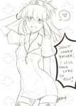  blush english fang fate/apocrypha fate_(series) hat heart long_hair looking_at_viewer monochrome mordred_(fate) mordred_(fate)_(all) nurse nurse_cap open_mouth ponytail smile solo syringe thighhighs tusia 