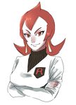 ahoge athena_(pokemon) bangs breasts closed_mouth crossed_arms earrings fingernails jewelry large_breasts long_sleeves looking_at_viewer pokemon pokemon_(game) pokemon_hgss red_eyes red_hair ribbed_sweater shirt short_hair simple_background sleeves_past_wrists smile solo suzuki_zentarou sweater team_rocket tsurime turtleneck turtleneck_sweater undershirt upper_body v-neck white_background white_shirt 