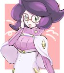  :d adjusting_clothes adjusting_legwear big_hair breasts buttons capelet diamond_(shape) glasses green_eyes highres large_breasts long_sleeves looking_at_viewer no_eyebrows open_mouth pink-framed_eyewear pink_sweater pokemon pokemon_(game) pokemon_sm purple_hair ribbed_sweater short_hair skirt sleeves_past_wrists smile solo standing suzuki_zentarou sweater tareme turtleneck upper_body white_skirt wicke_(pokemon) 