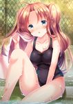  black_swimsuit brown_eyes brown_hair casual_one-piece_swimsuit chain-link_fence chestnut_mouth fence highres long_hair moe2017 one-piece_swimsuit open_mouth original school_swimsuit shizuki_aya sitting solo swimsuit two_side_up wet 