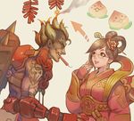  1girl alternate_color alternate_costume bad_id bad_pixiv_id bandolier blonde_hair brown_eyes brown_hair chinese_clothes directional_arrow earrings eyebrows_visible_through_hair firecrackers firework_junkrat glasses hagoromo hair_ornament hairpin hand_to_own_mouth jewelry junkrat_(overwatch) lips luna_mei mechanical_arm mei_(overwatch) mouth_hold muscle nail_polish overwatch pachimari parted_lips sae_(revirth) scroll shawl short_hair spiked_hair spikes tattoo thick_eyebrows tire 