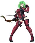  :d armor arrow asymmetrical_clothes barbariank black_gloves bow_(weapon) ear_piercing elf full_body gloves greaves green_hair head_tilt high_heels leaf leg_belt looking_at_viewer no_bra open_mouth original partly_fingerless_gloves piercing pigeon-toed pointy_ears quiver short_hair side_slit silver_eyes smile solo thighhighs transparent_background vambraces weapon 