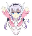  :o arms_up bangs beads black_bow black_hairband blue_eyes blunt_bangs blush_stickers bow capelet commentary_request dragon_girl dragon_horns dragon_tail dress from_below full_body gedou_(ge_ge_gedou) hair_beads hair_ornament hair_ribbon hairband half-closed_eyes horns kanna_kamui kobayashi-san_chi_no_maidragon long_hair low_twintails open_mouth ribbon silver_hair simple_background solo standing tail thighhighs twintails white_background white_legwear 