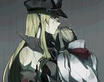  bismarck_(kantai_collection) blonde_hair blue_eyes breastplate capelet detached_sleeves graf_zeppelin_(kantai_collection) hat iron_cross kantai_collection leaning_on_person military_hat multiple_girls peaked_cap rain sad sobbing takatsuki_nato twintails uniform wet 