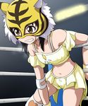  bare_shoulders bioroid_hei black_hair boots brown_eyes commentary elbow_pads mask midriff solo spring_tiger sweat takaoka_haruna tiger_mask_(series) tiger_mask_w wrestling_outfit wrestling_ring 