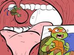  accidental_vore anthro comic eyes_closed food gagging green_skin invalid_tag leonardo_(tmnt) male michelangelo_(tmnt) open_mouth oral_vore pizza reptile scalie simple_background size_difference sofa teenage_mutant_ninja_turtles toes tongue tongue_out turtle unaware_vore uvula vore white_background 