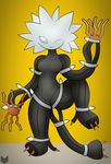  2017 anthro anthrofied black_body blue_sclera breasts featureless_breasts featureless_crotch female hair navel nintendo nude one_eye_closed pok&eacute;mon pok&eacute;morph raised_leg simple_background solo ultra_beast video_games white_eyes white_hair wink wire xurkitree yellow_background zinzoa 