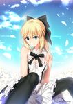  ahoge artist_name artoria_pendragon_(all) bare_shoulders black_bow bow brora cloud day fate/unlimited_codes fate_(series) flower green_eyes highres lily_(flower) long_hair looking_at_viewer pantyhose petals ponytail saber saber_lily sitting sky smile solo wind 