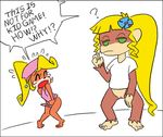  ? ?! bandicoot barefoot blonde_hair bottomless breasts brown_fur clitoris clothed clothing coco_bandicoot confusion covering_body crash_bandicoot_(series) dixie_kong donkey_kong_(series) duo ear_piercing embarrassed english_text eyes_closed flower fur green_eyes hair half-closed_eyes hat long_hair mammal marsupial minus8 monkey nintendo open_mouth piercing plant ponytail primate pussy screaming shirt simple_background t-shirt tank_top tears text video_games white_background 